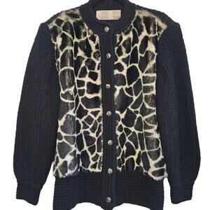 Women's Faux Fur Animal Print Cardigan Jacket XL Black Old Money Chunky Cozy